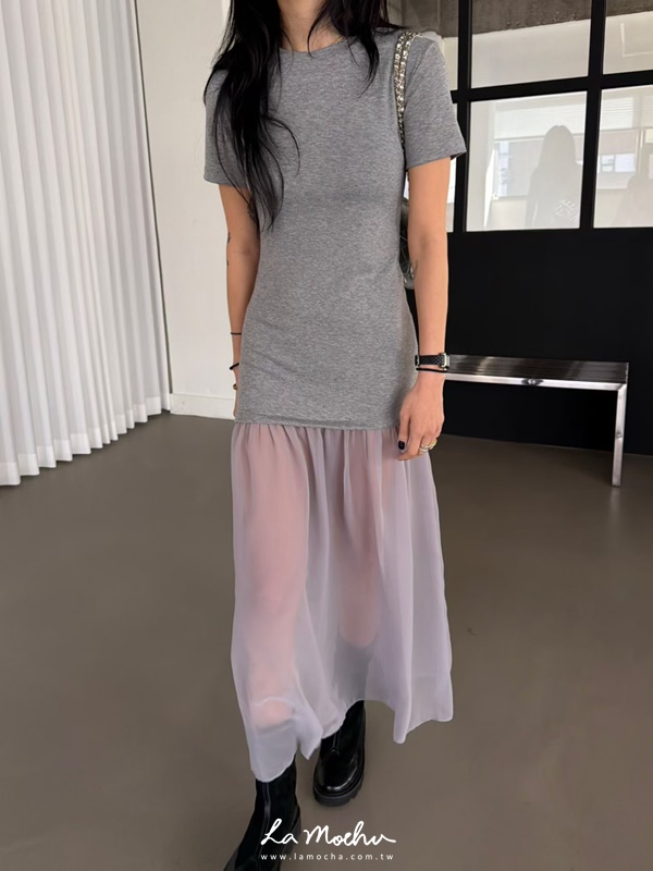 棉質拼紗圓領長洋裝